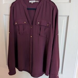 Calvin Klein Women's Eggplant Purple Button Front Blouse Size Small Gold Buttons